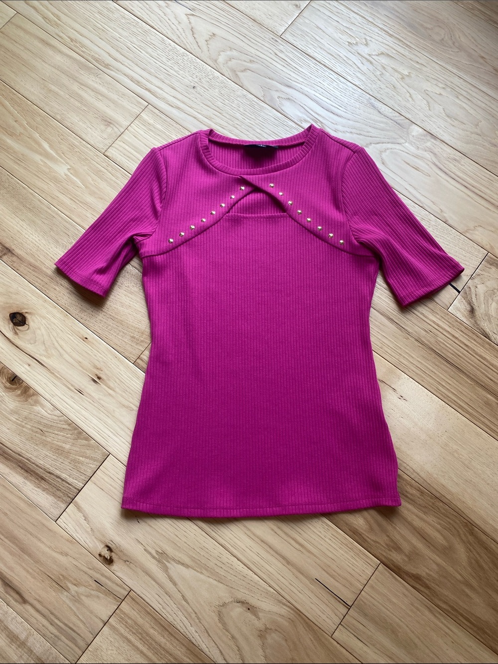 INC International Concepts Fuchsia Ribbed Short-Sleeve Top with Stud Detail